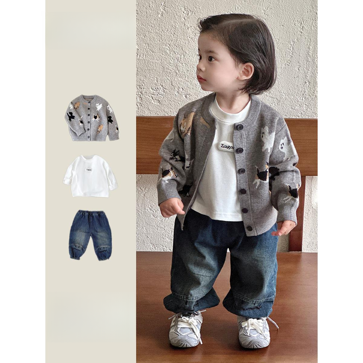 MK&UR.BV男宝宝秋装套装25新款婴幼儿衣服卡通针织开衫牛仔裤套装