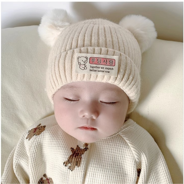 冬季6月-保暖帽子韩版洋气宝宝套头帽婴幼儿婴儿可爱双球帽子