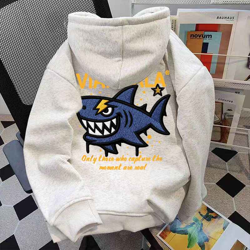 重磅480克双层帽秋冬季新款连帽卫衣鲨鱼仿绣花印花设计个性潮流