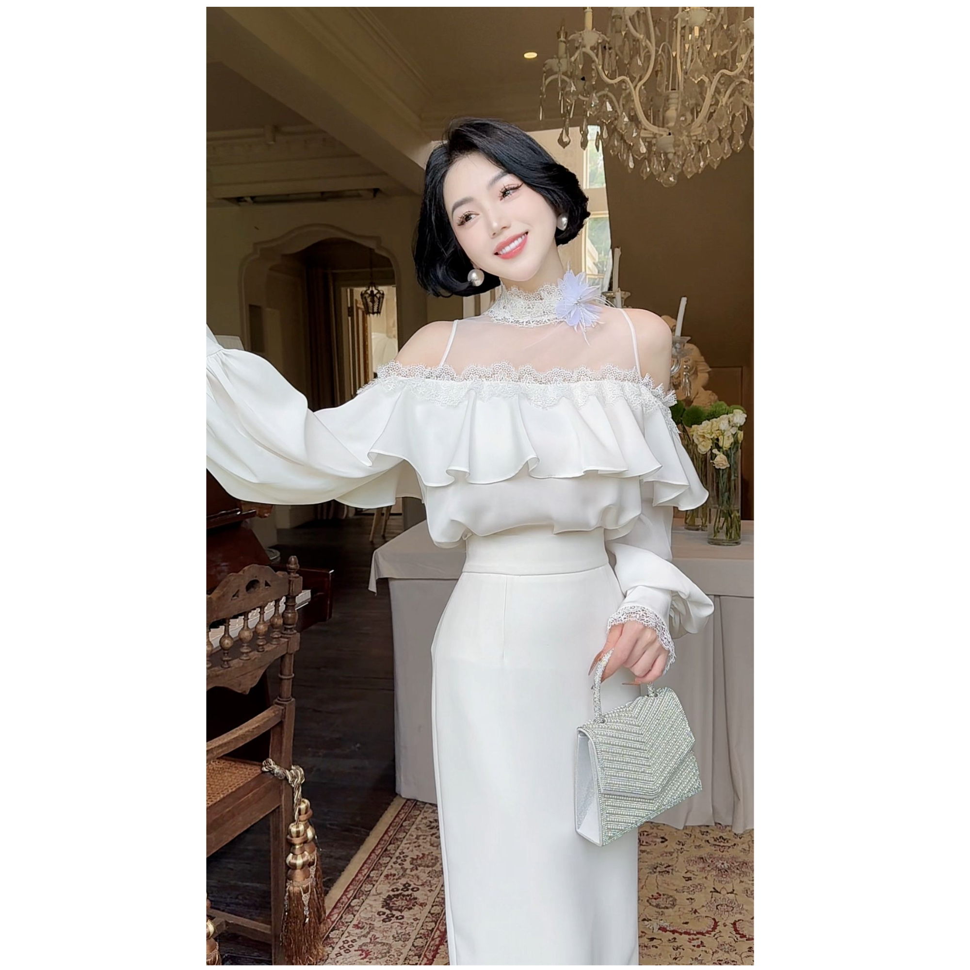 LYXJ【阿佛洛花园】TR高级法式浪漫拼网纱蕾丝露肩小众上衣12002