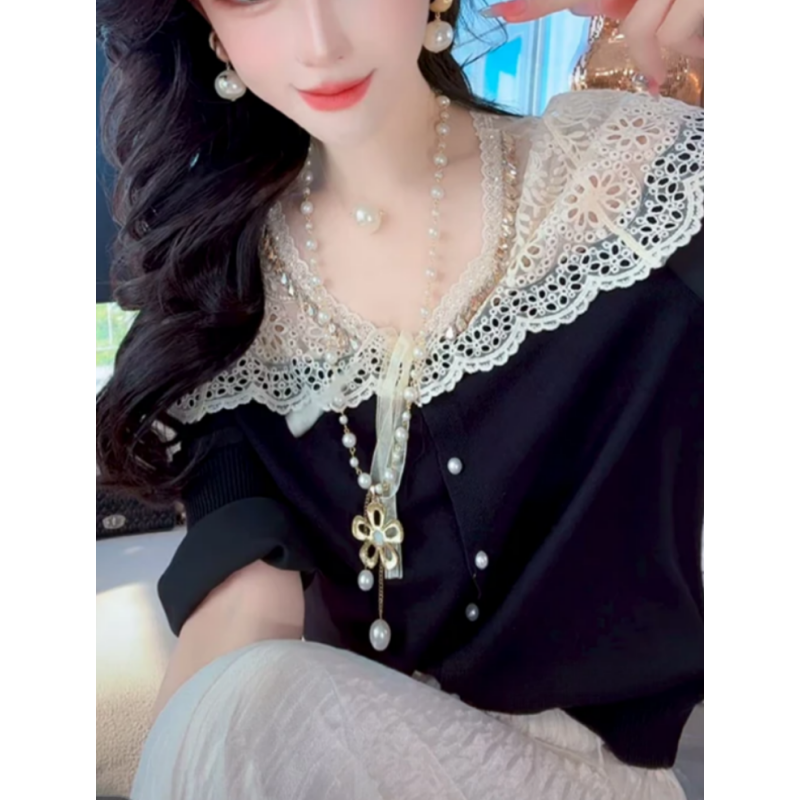 蕾丝拼接黑色针织衫女士2025秋季新款时尚洋气减龄显瘦小众上衣潮