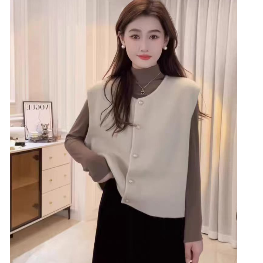 简约百搭加厚大码温柔系复古小香风针织马甲背心显瘦叠穿无袖外套