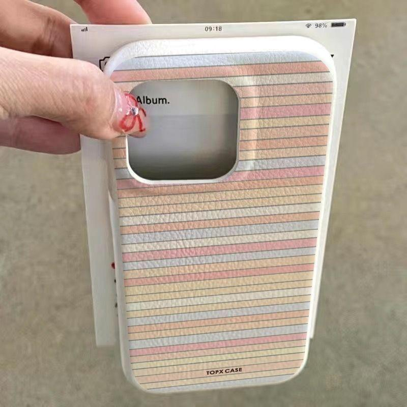 欧克里里韩系彩条纹适用iPhone16promax苹果14/15皮革纹手机壳13