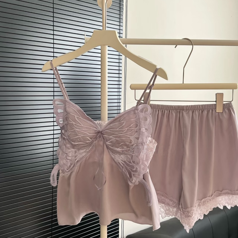 【甜欲蝴蝶】法式纯欲甜美吊带睡衣短裤性感蕾丝镂空蝴蝶美背家居服