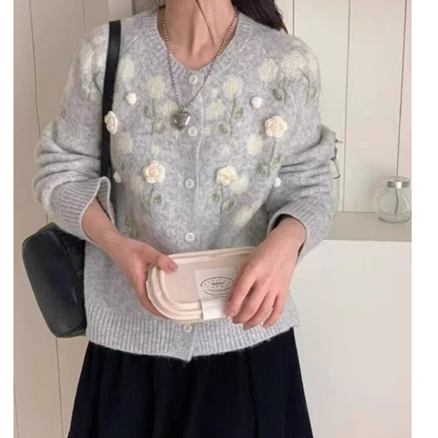 洋气甜美立体花朵圆领针织开衫宽松慵懒风减龄叠穿外套外穿上衣厚