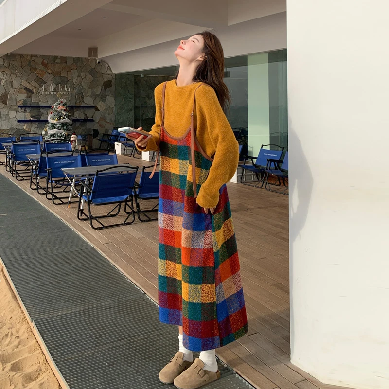 多巴胺彩色格纹吊带裙套装女春秋新款松弛感韩系甜酷风直筒两件套