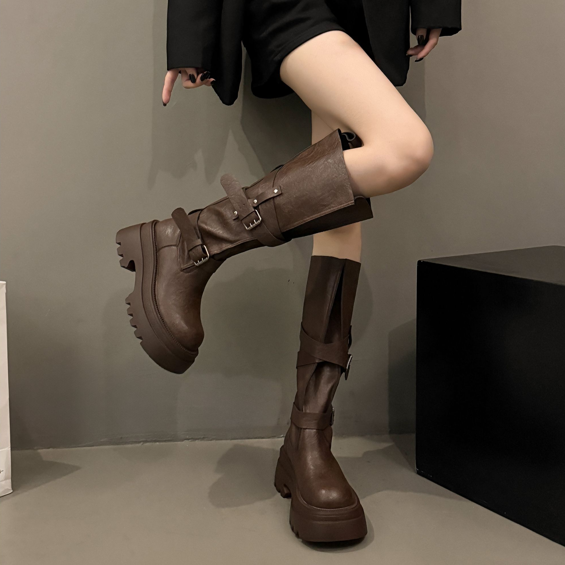 7cm厚底长筒靴女款2025新款秋季棕色靴子美拉德骑士靴高筒瘦瘦靴