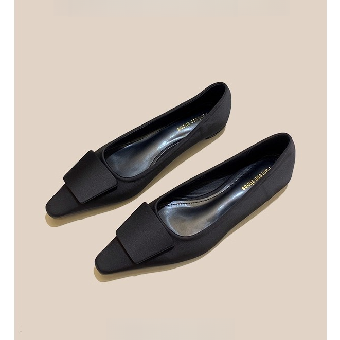 尖头单鞋女2025新款春季时尚懒人粗跟浅口低跟法式黑色百搭气质