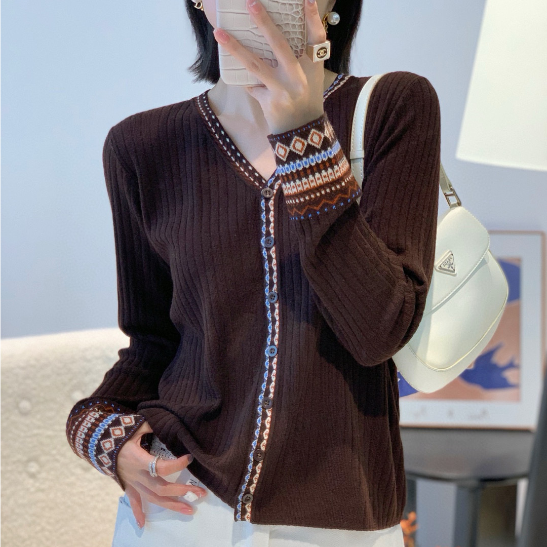 费尔岛提花针织开衫民族风羊毛衫V领长袖针织衫女