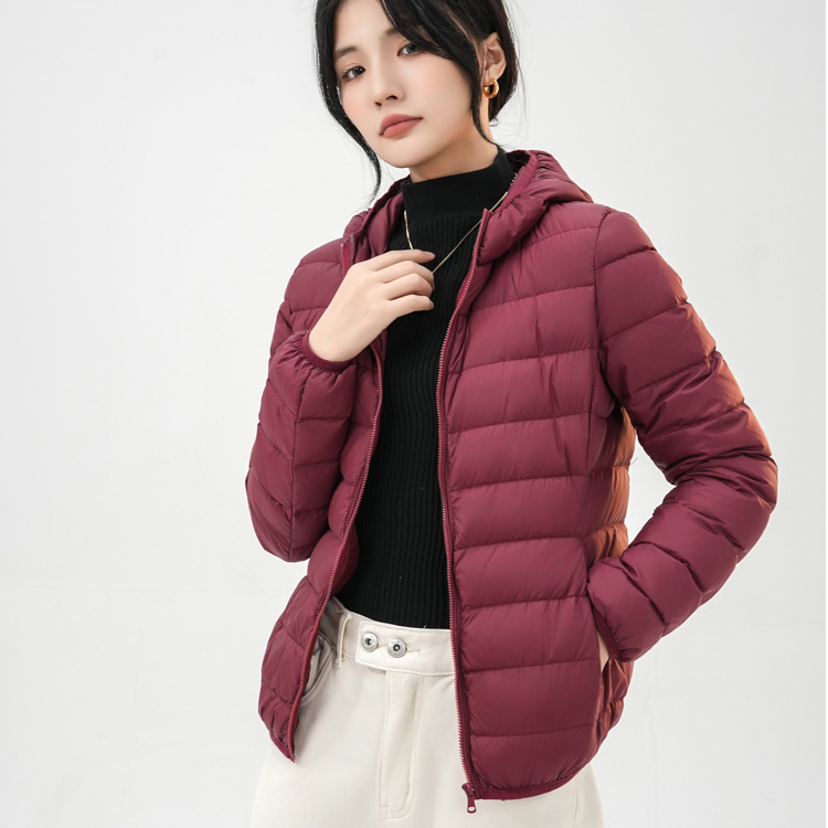 亚兰奴休闲修身保暖立领连帽轻薄款白鸭绒羽绒服