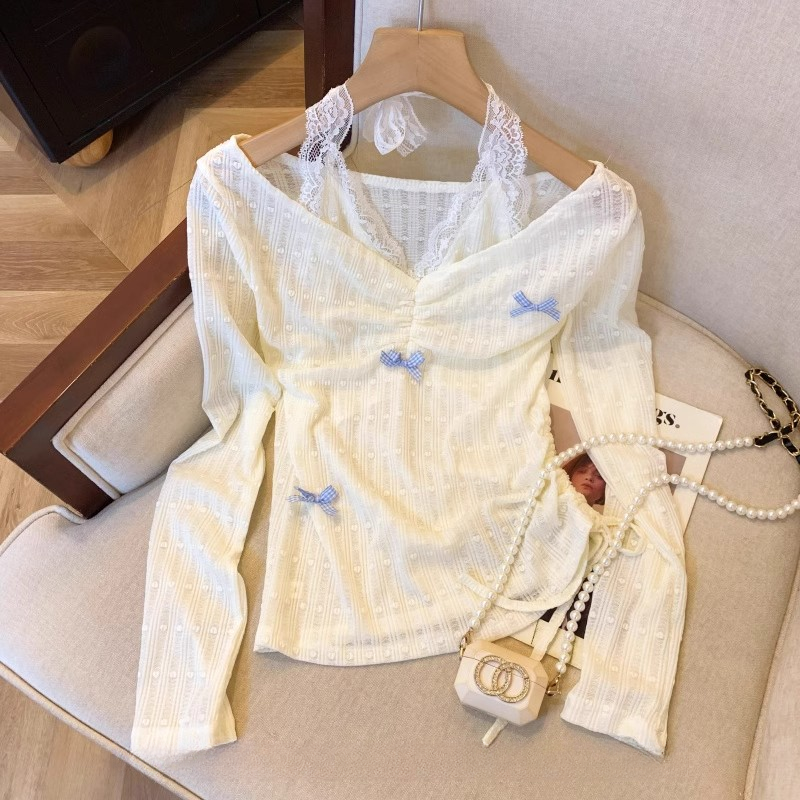 甜辣v领蕾丝挂脖假两件长袖T恤女春季蝴蝶结防晒罩衫纯欲露肩上衣