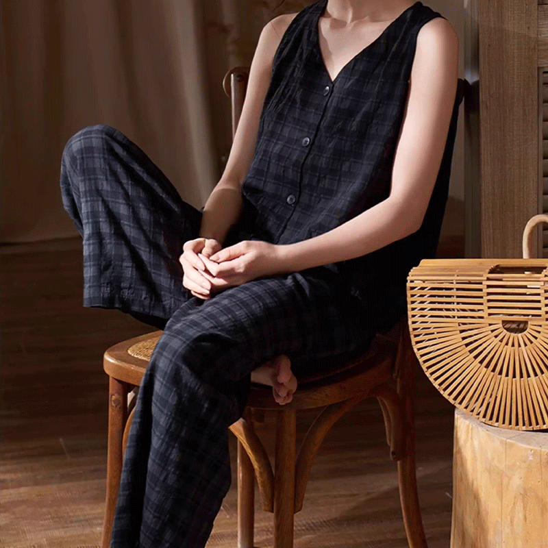 【格纹少女】夏季新款睡衣开衫背心长裤休闲两件套家居服可外穿