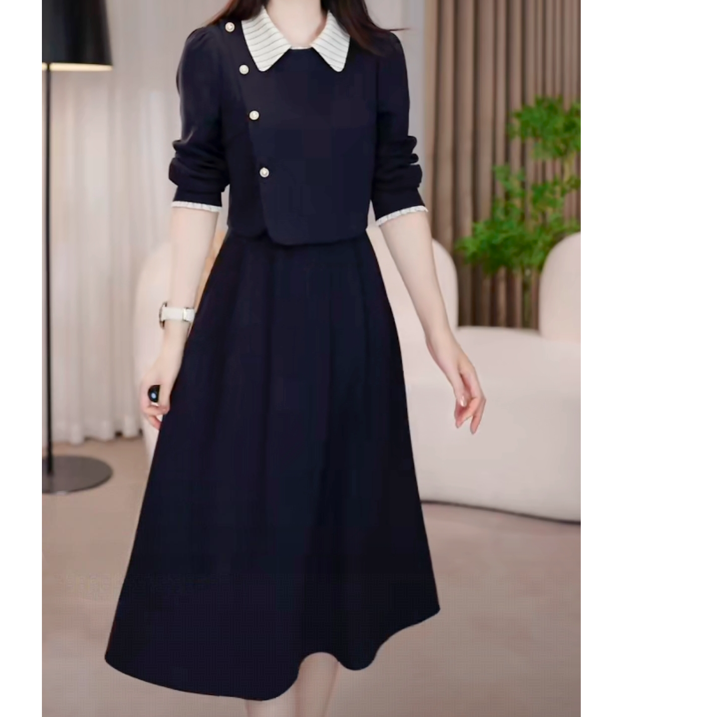 沐沐衣品收腰连衣裙小香风显瘦气质长袖时尚藏蓝色法式收腰小香风