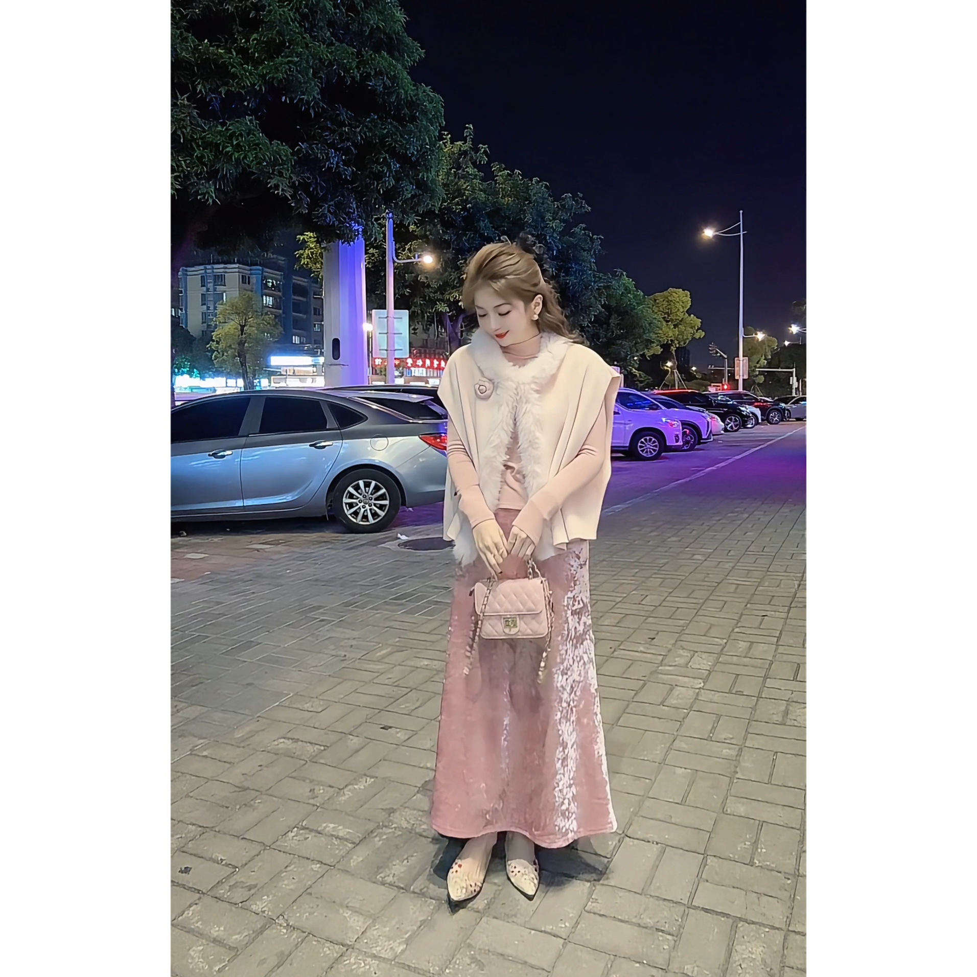 涵涵家 甜美毛边坎肩毛呢马甲（带胸针）VS松紧腰加绒丝绒半裙58030