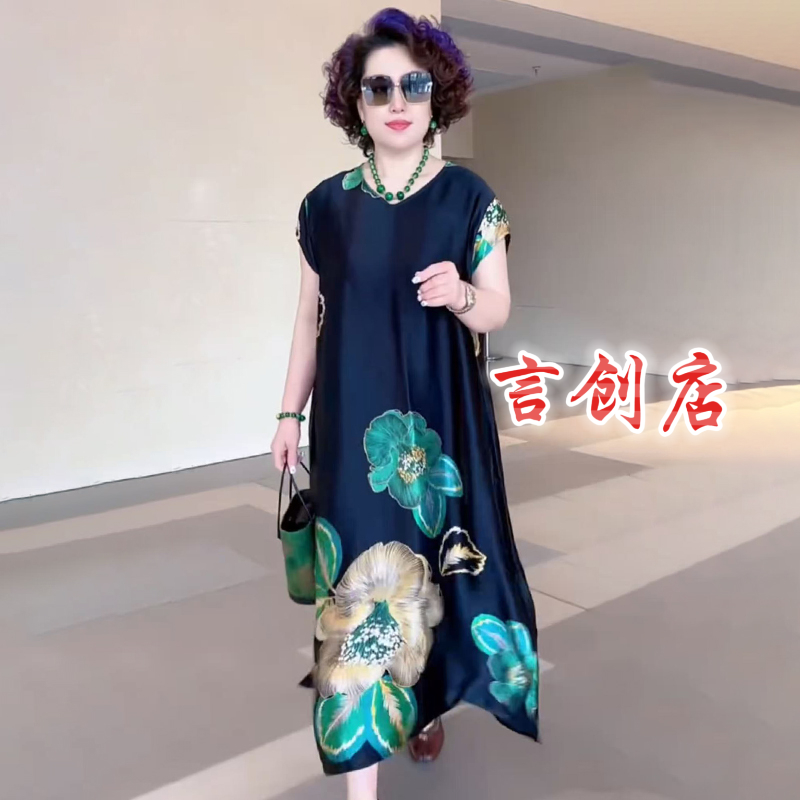 75083夏复古大码连衣裙女装宽松气质减龄印花阔太太过膝长裙