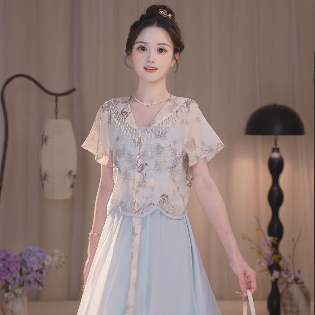 瑶西【时序】短袖蓝色印花上衣巨好看出游汉服新中式吊带连衣裙