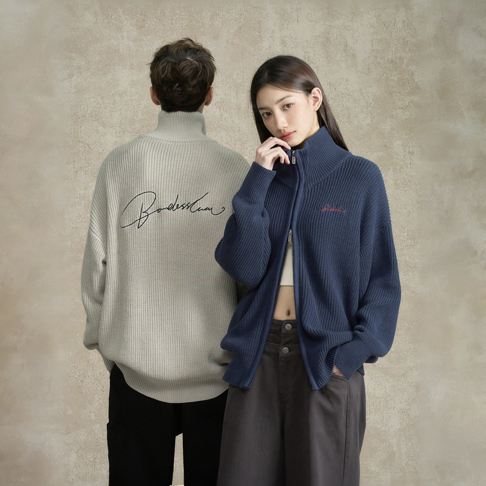 BONELESS花体拉链开衫毛衣刺绣高领宽松针织衫保暖简约休闲外套冬