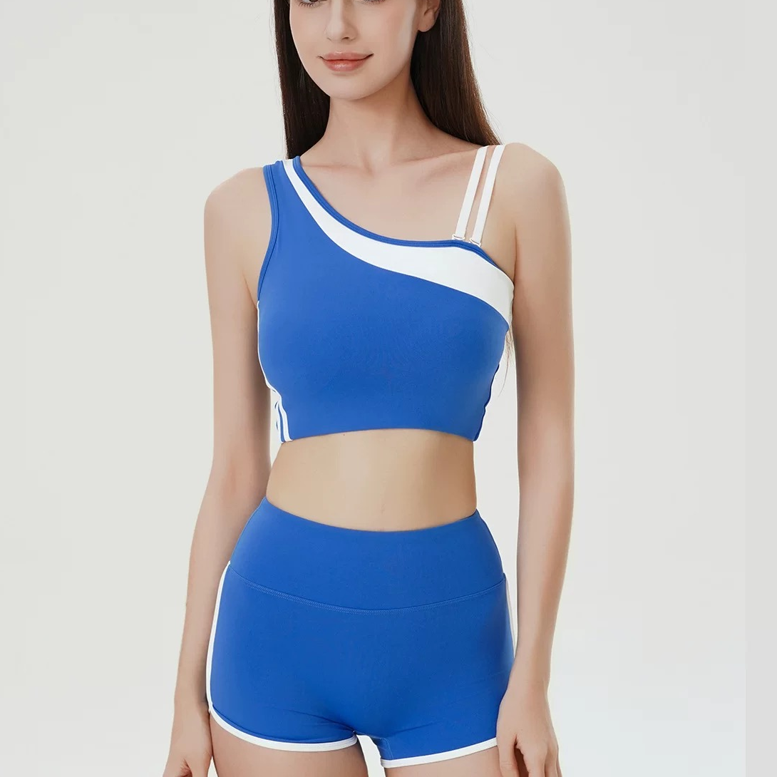 欧美运动套装新款撞色肩带一体杯美背撞色吊带背心高腰瑜伽短裤