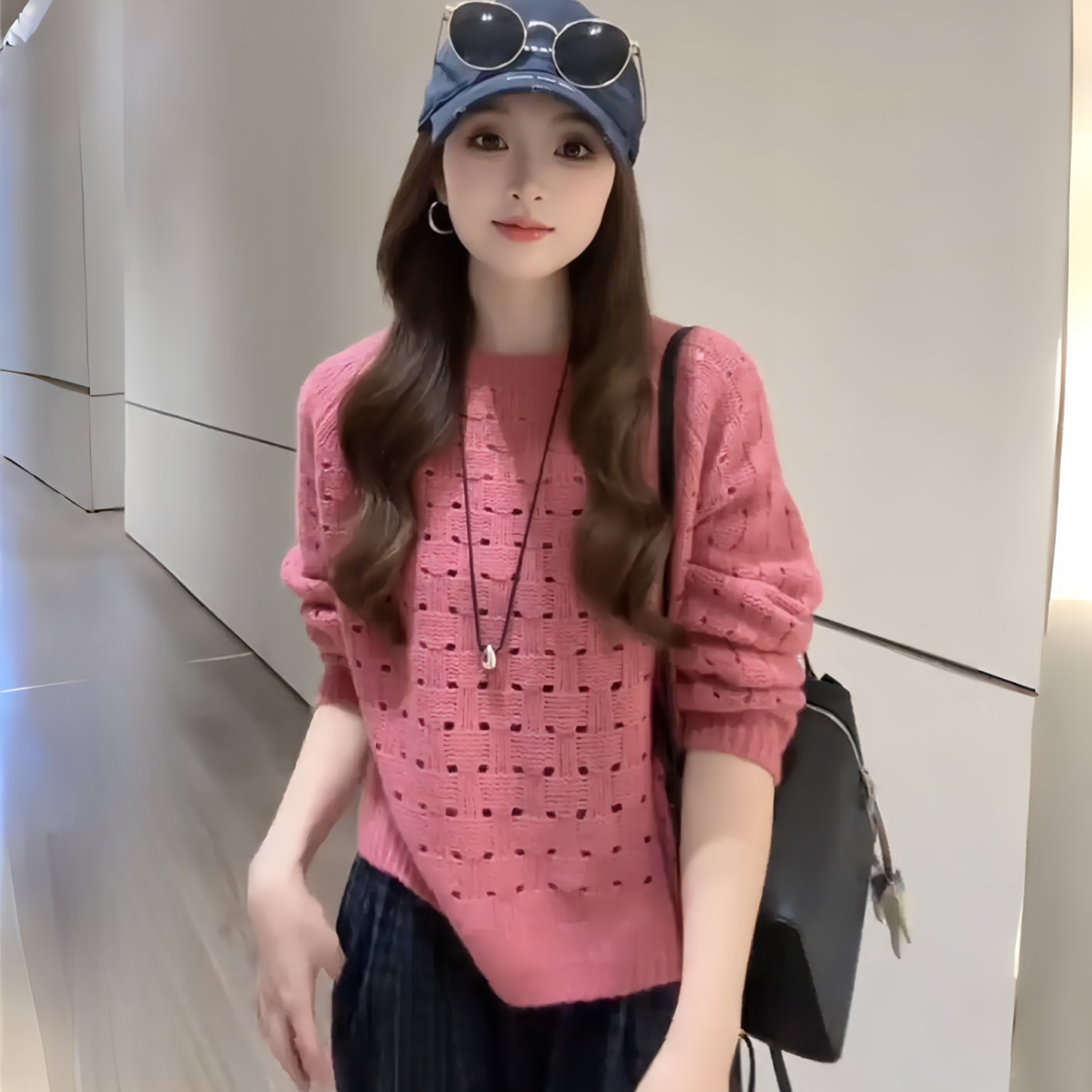 拉夏贝尔时尚镂空圆领针织衫女士秋季新款长袖上衣宽松打底衫毛衣