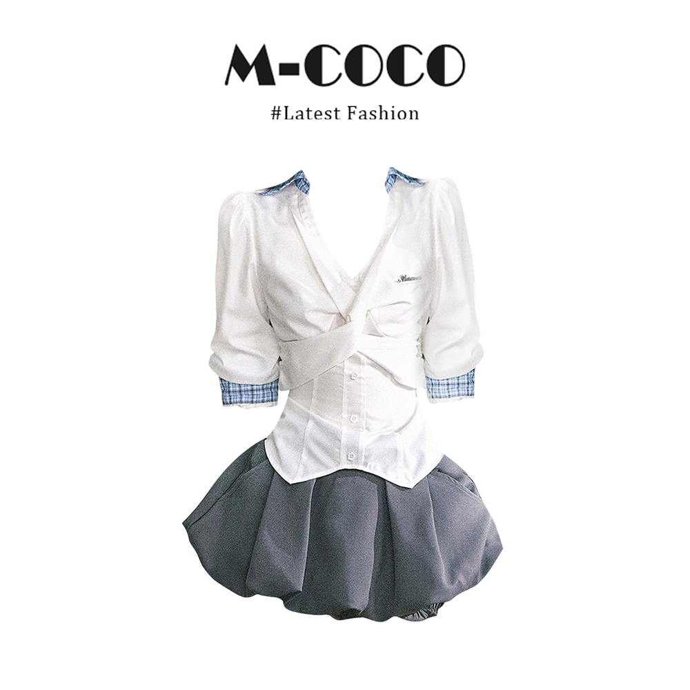 MARIE.COCO法式纯欲风V领格纹拼接长袖衬衫上衣辣妹花苞短裙套装