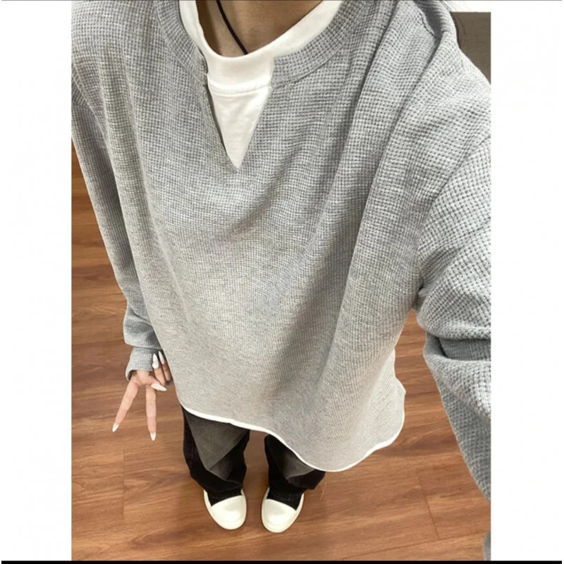 cleanfit假两件v领长袖t恤男秋季美式复古双层圆领卫衣亨利衫内搭