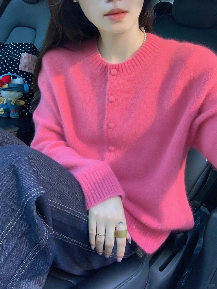 韩系慵懒风氛围感软糯宽松粉色开衫毛衣女冬季内搭可外穿针织上衣