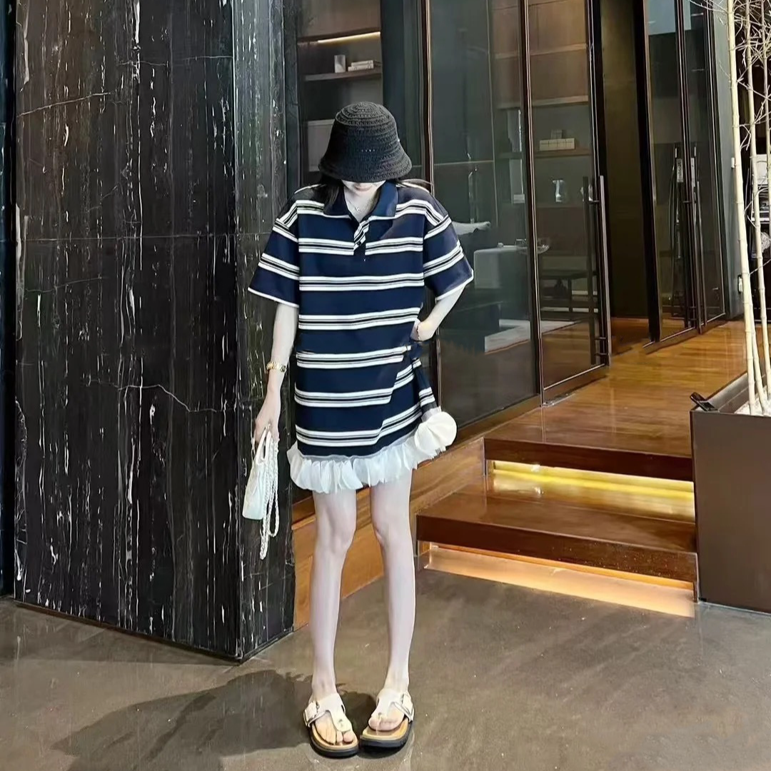 时尚慵懒 夏季新款休闲通勤拼接蕾丝边撞色翻领条纹短袖连衣裙