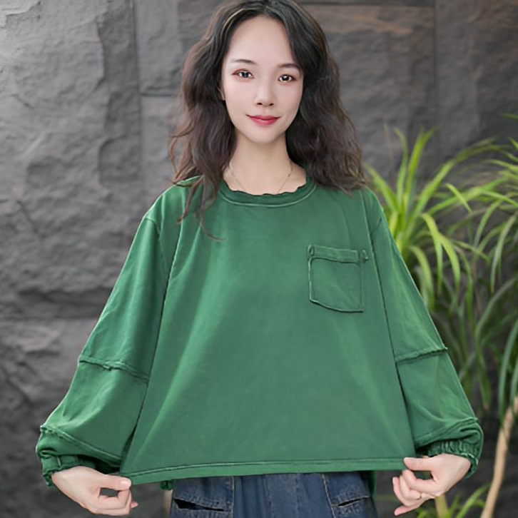 JJ做旧宽松型长袖口袋复古港风T恤牛仔拼接时尚韩版绿色纯色圆领