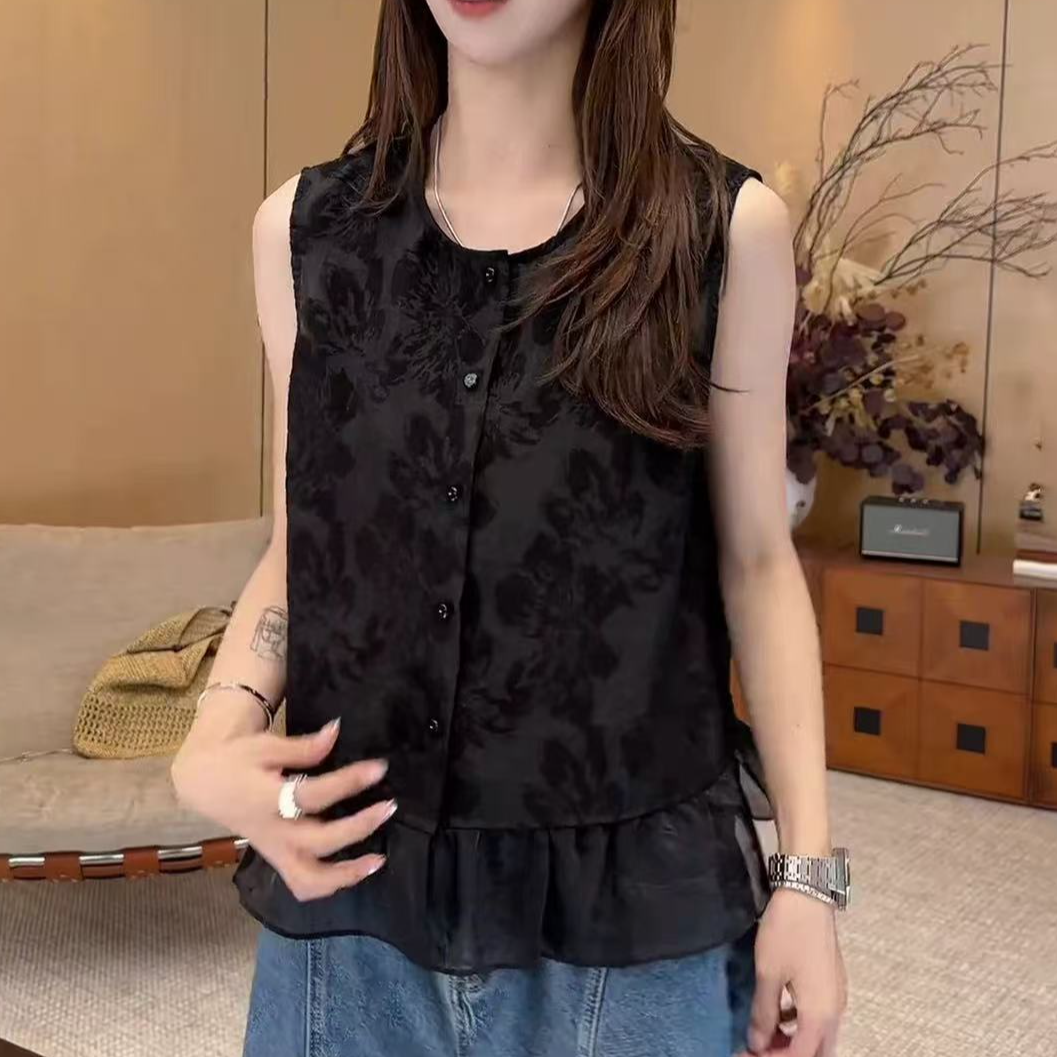 夏季新款气质百搭显瘦设计感提花暗纹背心无袖衬衫女款上衣8035