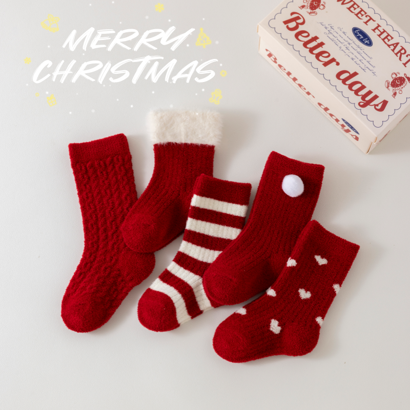 婴儿袜子秋冬加绒加厚珊瑚绒幼儿新生宝宝袜子本命年新年袜周岁袜