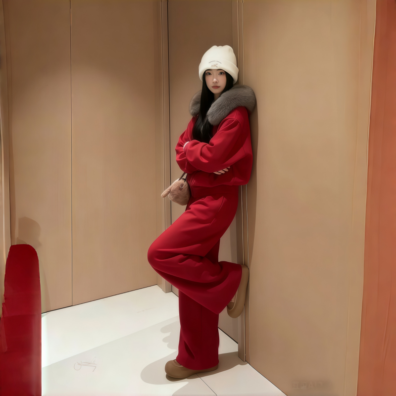 时尚套装显瘦显气质卫衣宽松慵懒休闲裤子冬季高级感毛领新年穿搭