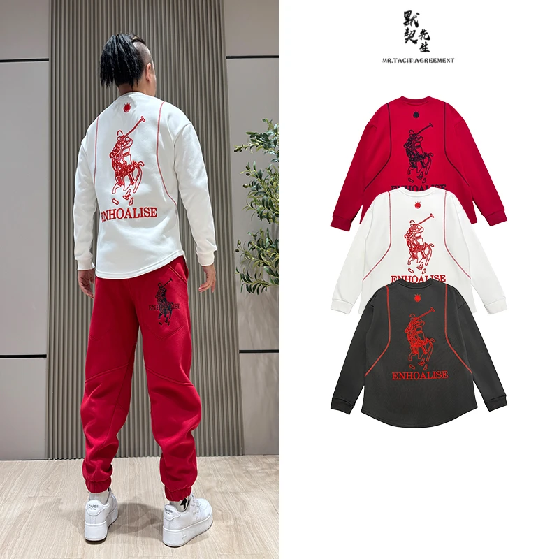 秋冬新款磨毛加厚长袖T恤男潮牌刺绣工艺圆领宽松时尚休闲套装