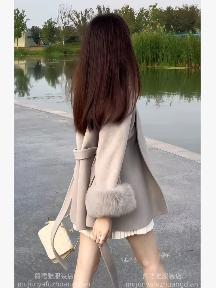 高级感超好看韩系绑带收腰毛呢外套小个子洋气质斗篷大衣2025初秋
