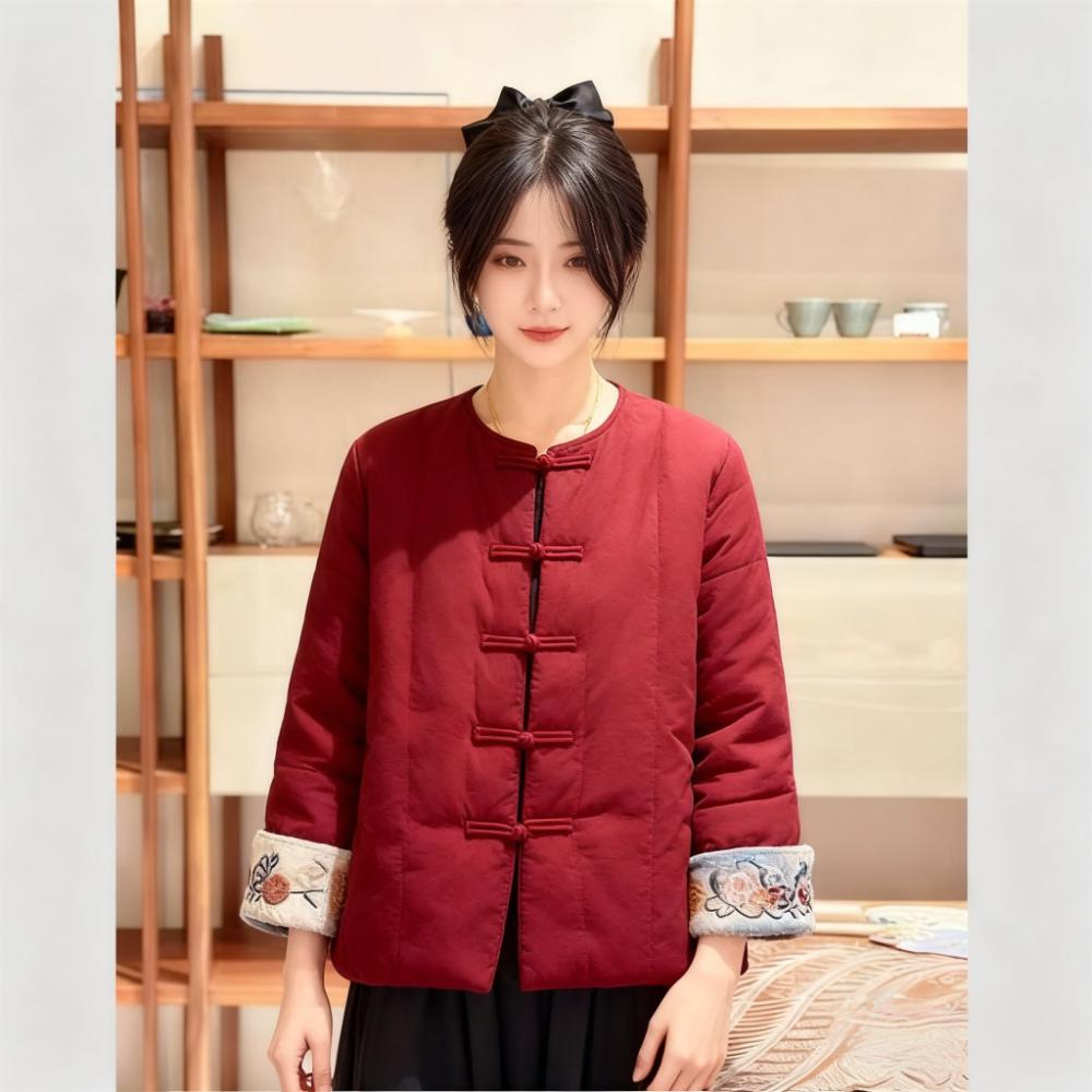 新中式国风盘扣棉服女2025复古风立领新款休闲刺绣袖口红色外套潮