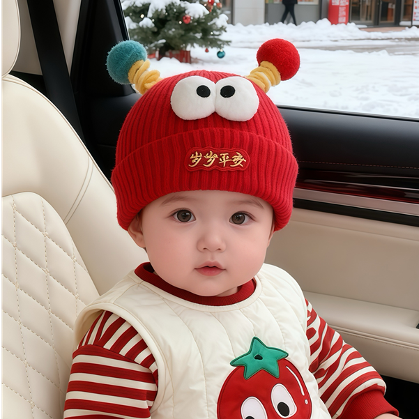 婴儿红色帽子秋冬季保暖加厚针织套头帽男童女宝宝新年喜庆毛线帽