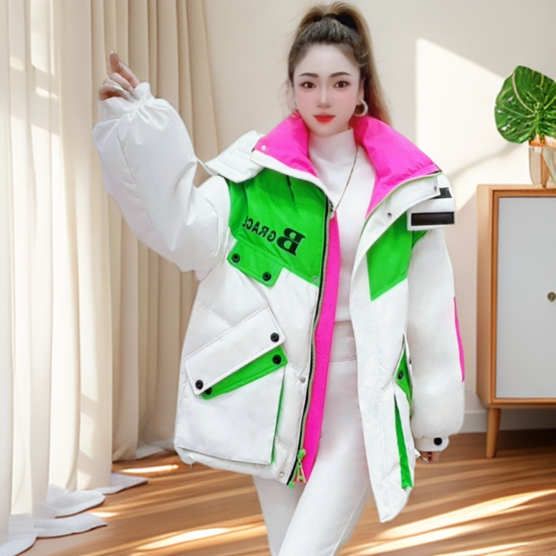 【敏儿家】冬新款时尚百搭宽松款式拼接字母印花加厚免洗羽绒服外套