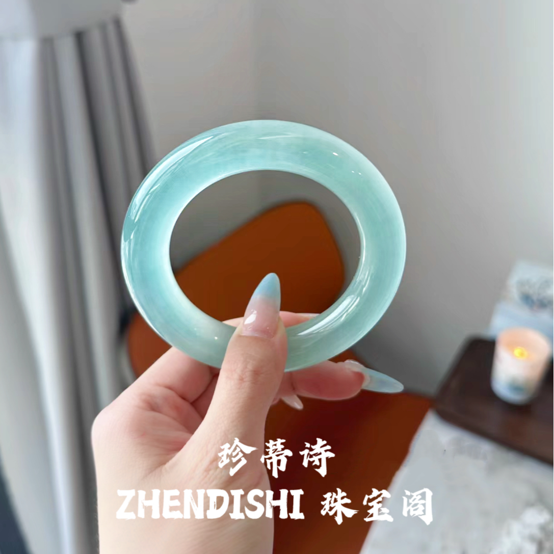 高冰库里蓝手镯冰种蓝色玛瑙手镯女款玉髓手镯石英岩玉手镯送礼物