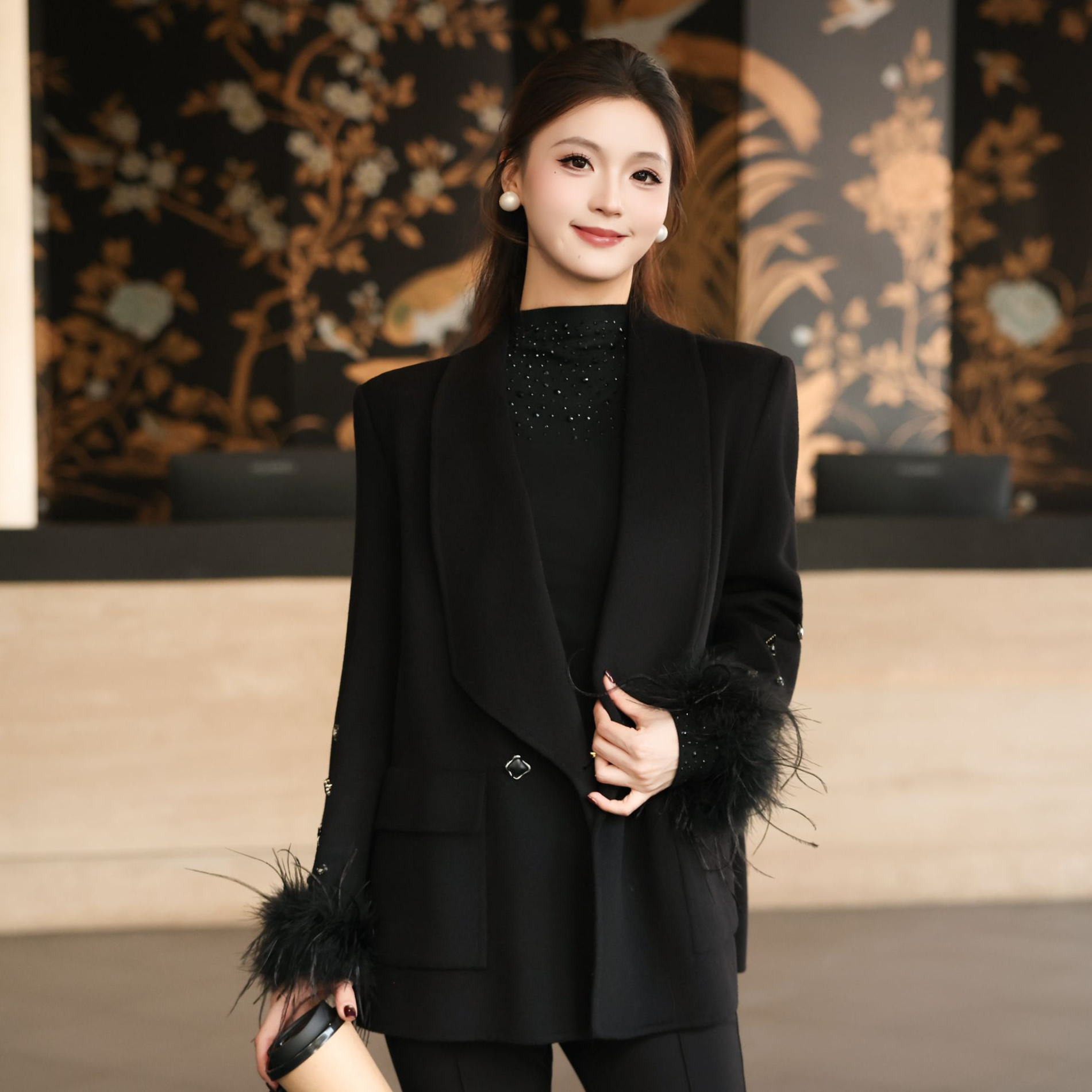 MD进进原创【珍宝璀璨】2025秋冬暗黑系羽毛通勤风百搭羊毛短外套