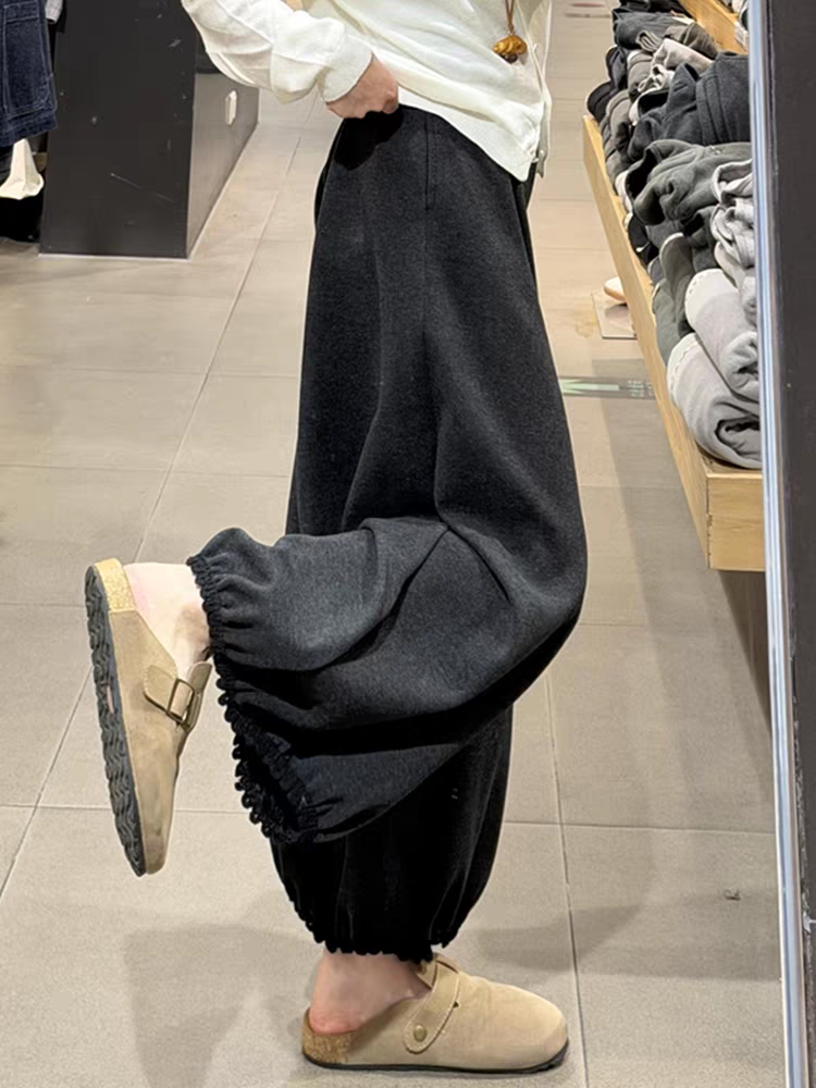 大码胖mm秋冬季加厚保暖休闲裤女高腰显瘦宽松阔腿毛呢阔腿裤子