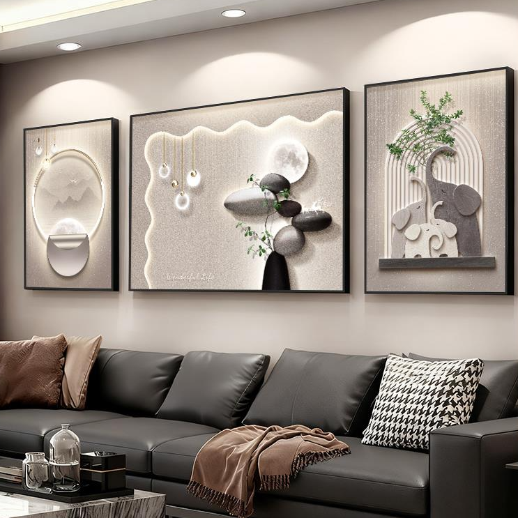 石来运转客厅装饰画2025新款沙发背景墙挂画高级感轻奢三联壁画