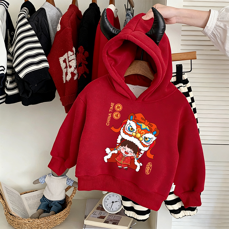 潮牌连帽卫衣男女秋冬加绒2026马年本命年新年喜庆儿童装红色衣服