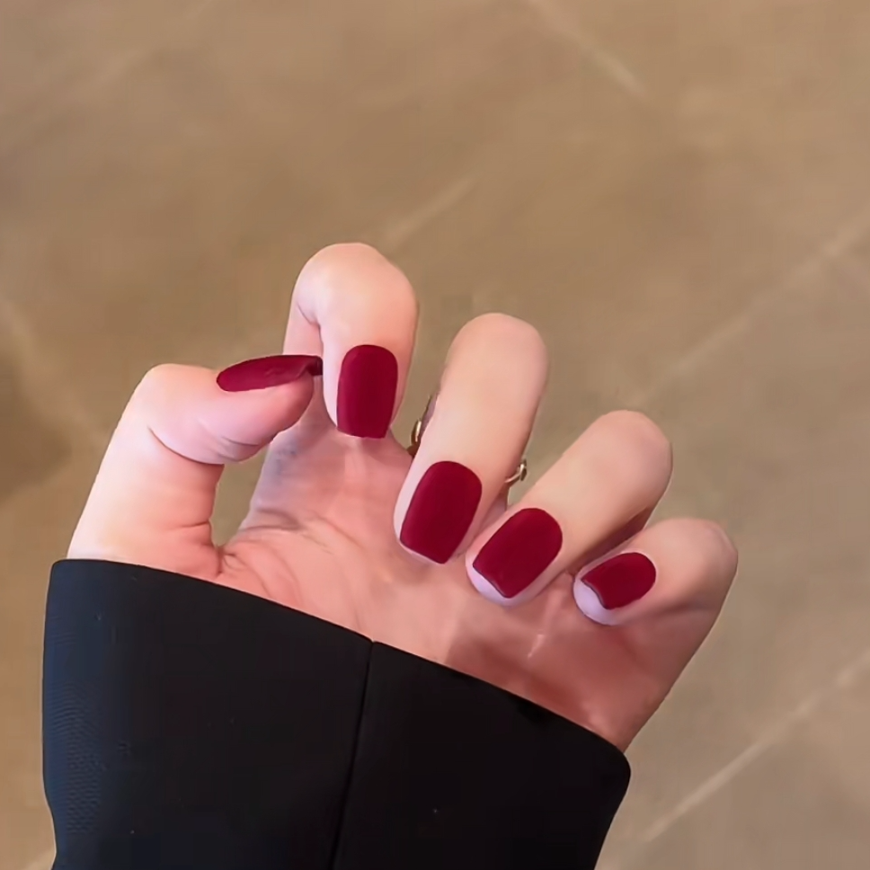【酒红丝绒】秋冬酒红色丝绒复古显白美甲穿戴甲片短款高级穿戴美甲