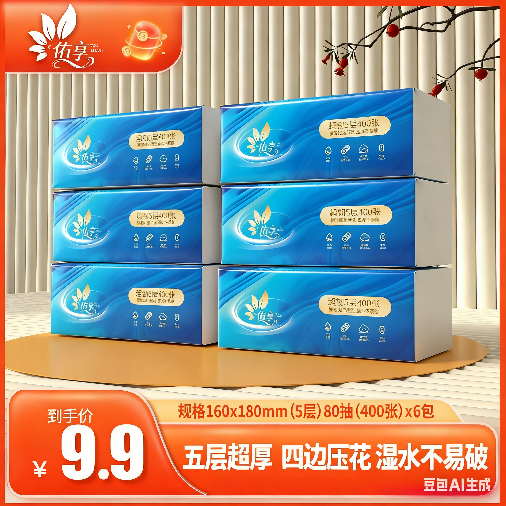 【6包】佑享400张大包家用抽纸加大加厚实惠原生木浆可湿面巾纸