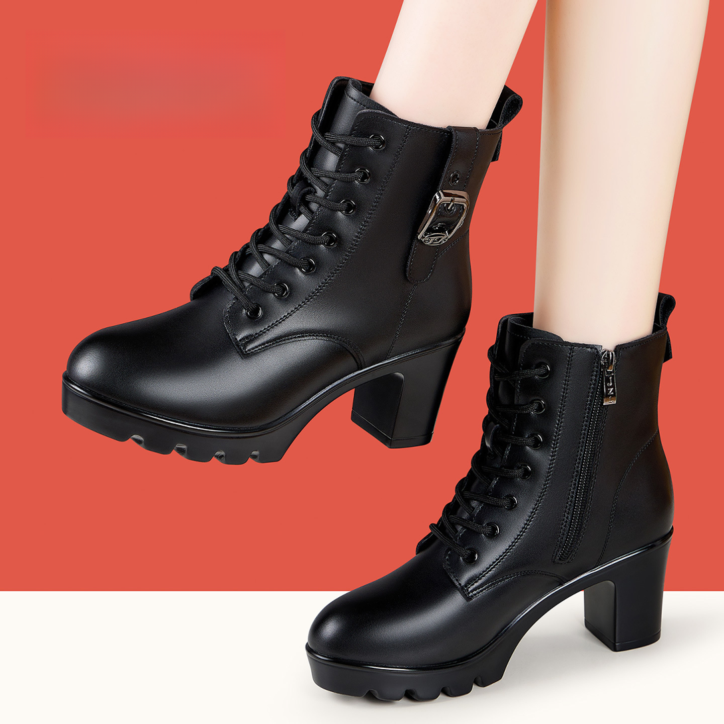 高跟粗跟马丁靴女2025秋冬新款厚底防水台系带中筒英伦风百搭短靴