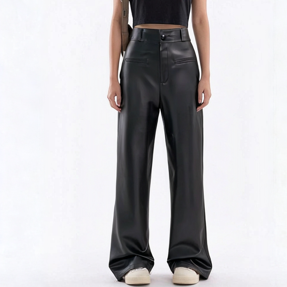 新款 加长版高腰直筒皮裤