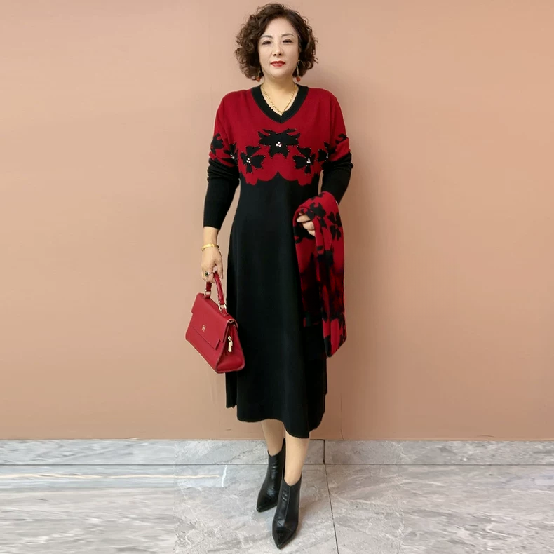 5555秋冬中年妈妈提花针织连衣裙遮肚子中长款弹力打底毛衣裙115