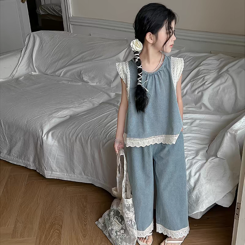 2025新款女童夏季牛仔背心套装阔腿裤女孩无袖两件套童装薄款洋气