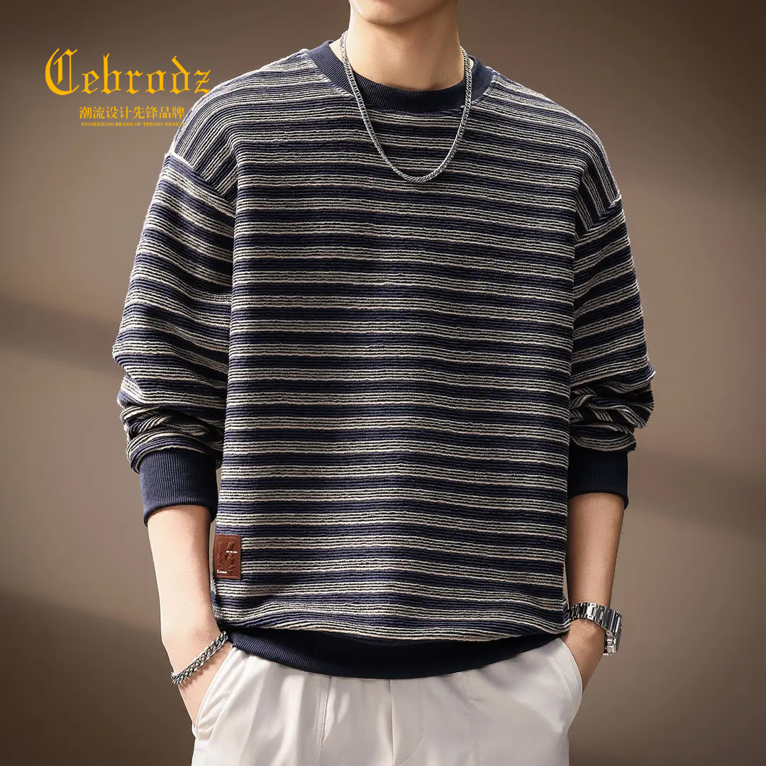 法国Cebrodz高端日系复古条纹重磅长袖卫衣男秋季新款潮流大码