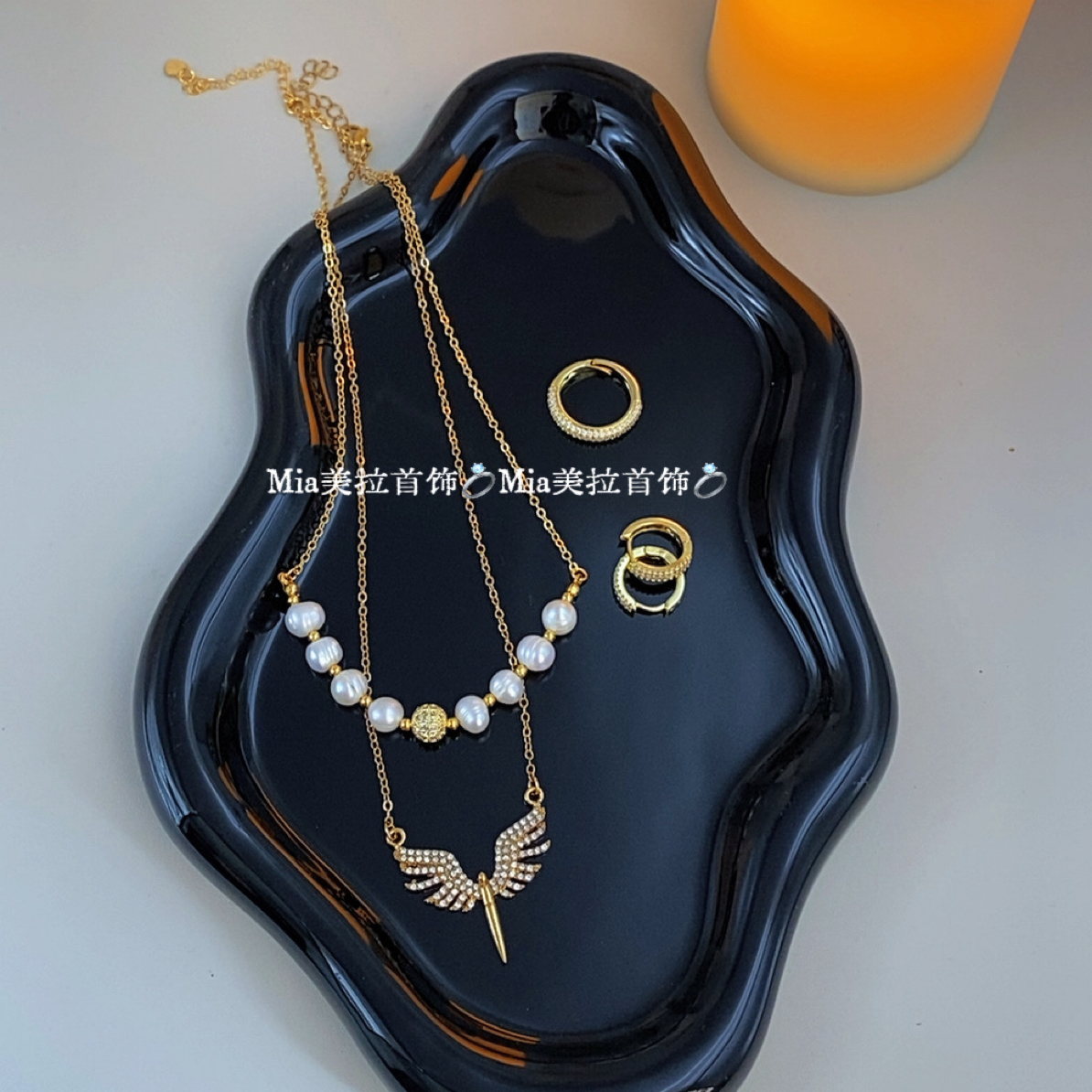 钛钢亚克力项链 三件套气质轻奢时尚百搭小众金色ins坠链简约银色