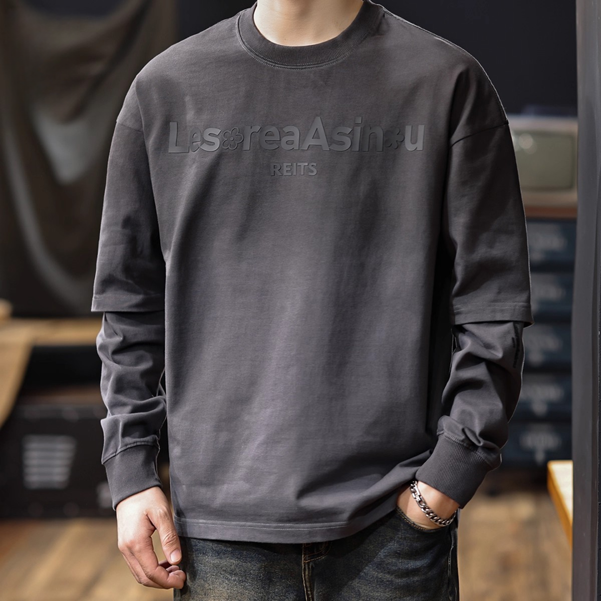 高端美式复古假两件渐变T恤男秋季新款潮牌水洗街头休闲长袖体恤